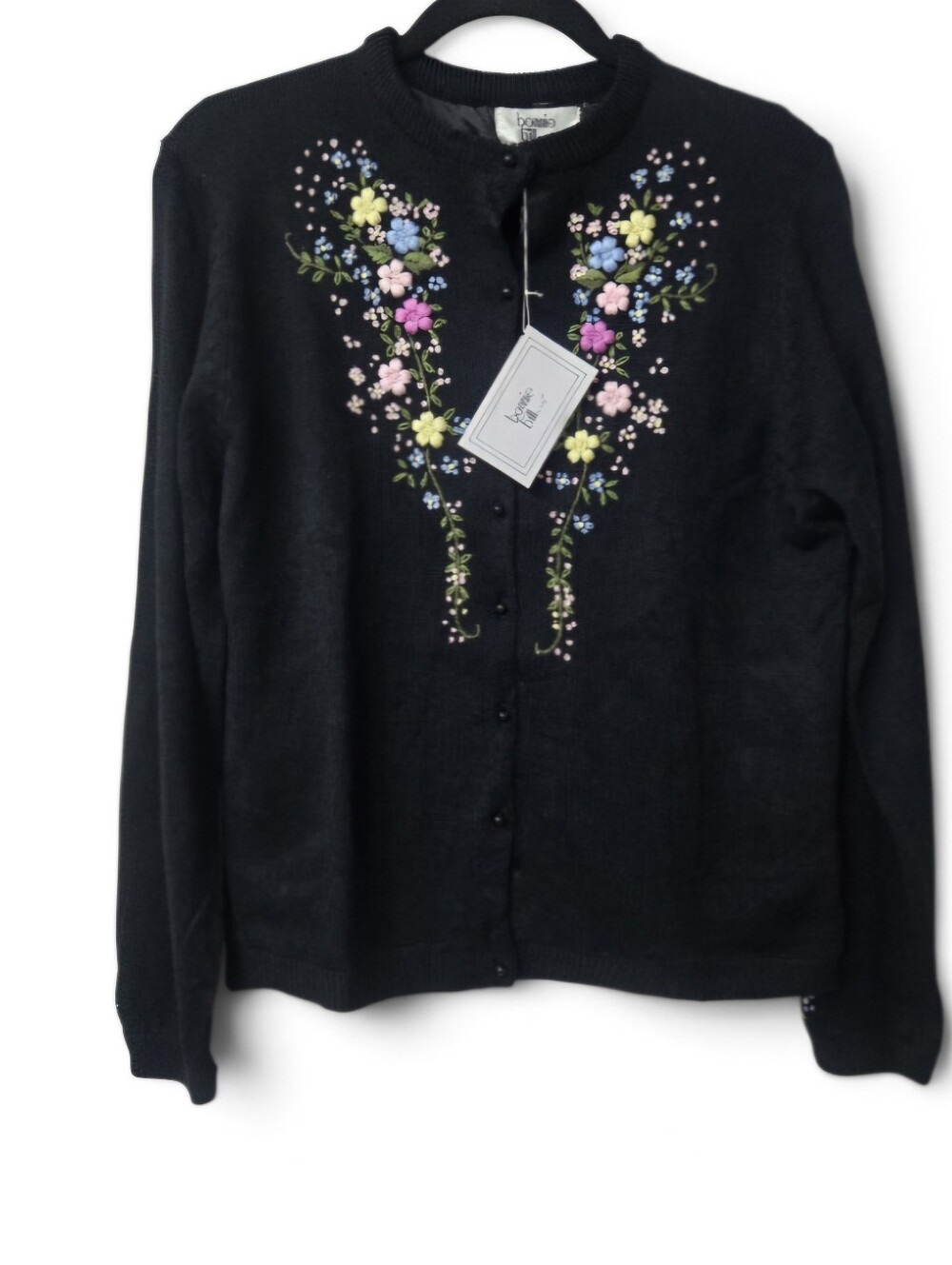 VTG Bonnie & Bill Floral Embroidery Cardigan Large Knit Black Cottagecore Boho